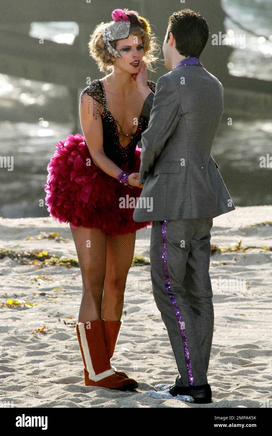 AnnaLynne McCord and Josh Zuckerman films a magic show scene on the set of '90210'. McCord is