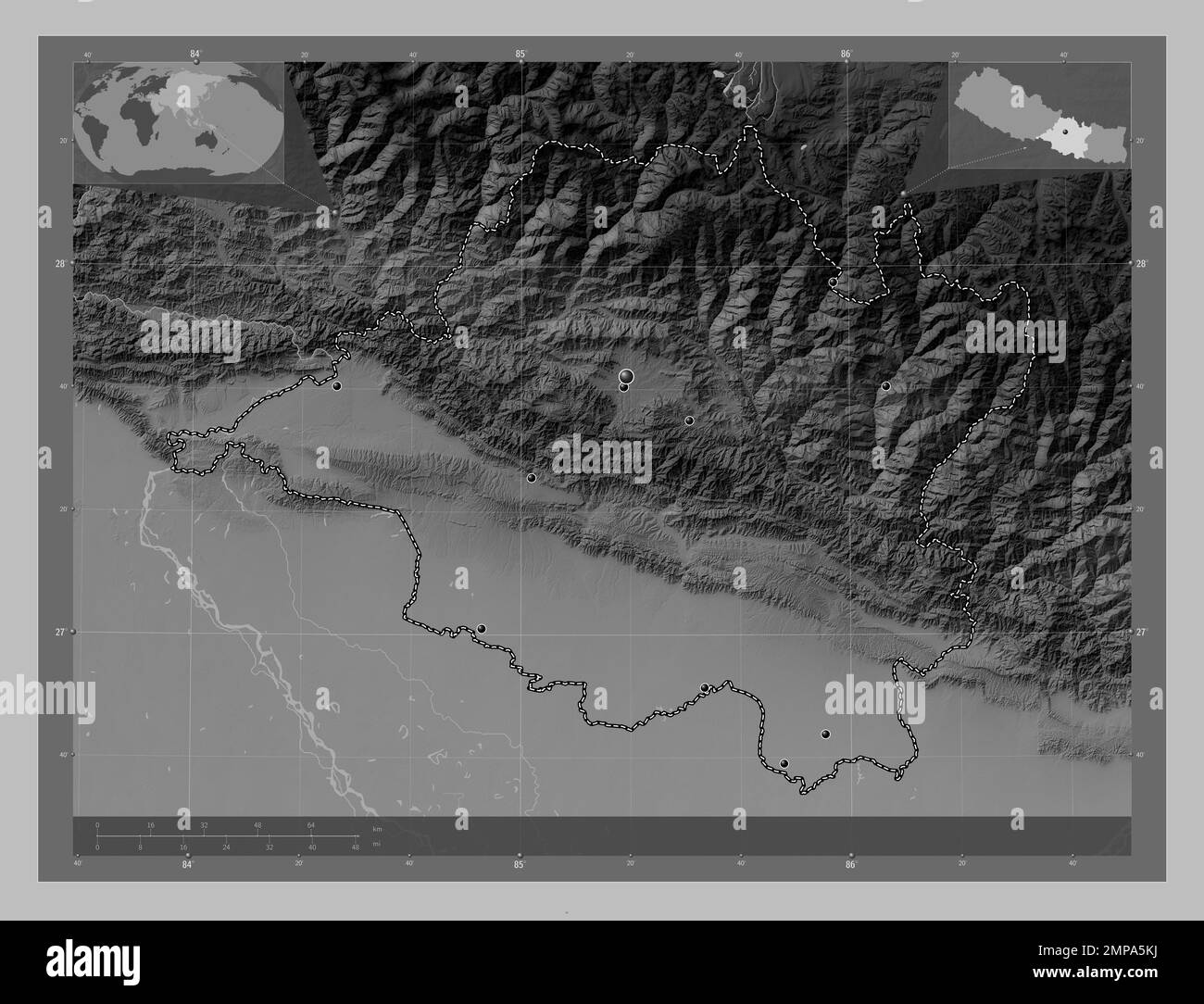 Central, development region of Nepal. Grayscale elevation map with lakes and rivers. Locations of major cities of the region. Corner auxiliary locatio Stock Photo