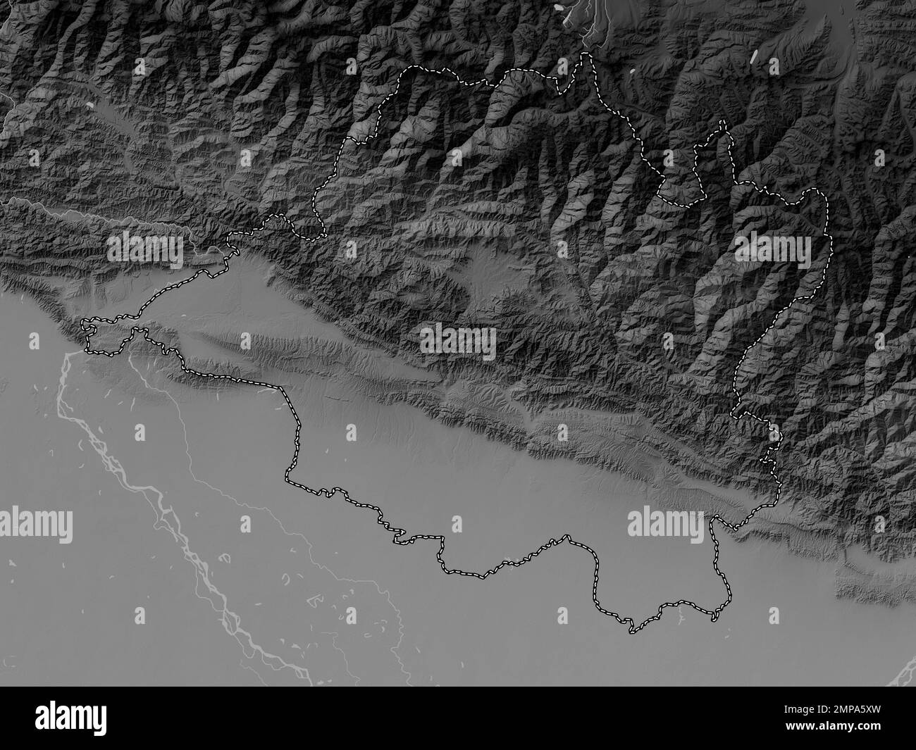 Central, development region of Nepal. Grayscale elevation map with lakes and rivers Stock Photo