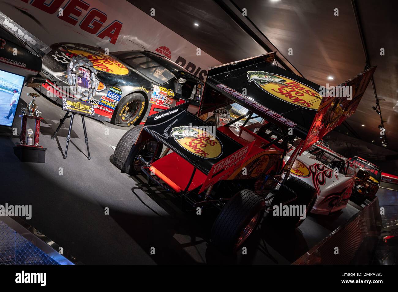 A closeup shot of the World of Outlaws Sprint Car on display at Bass