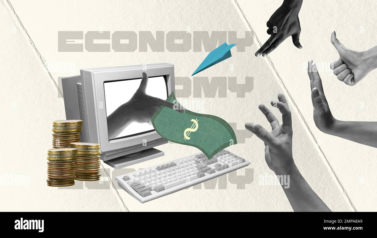 Contemporary art collage. Conceptual design. Receiving payments. Hand ...