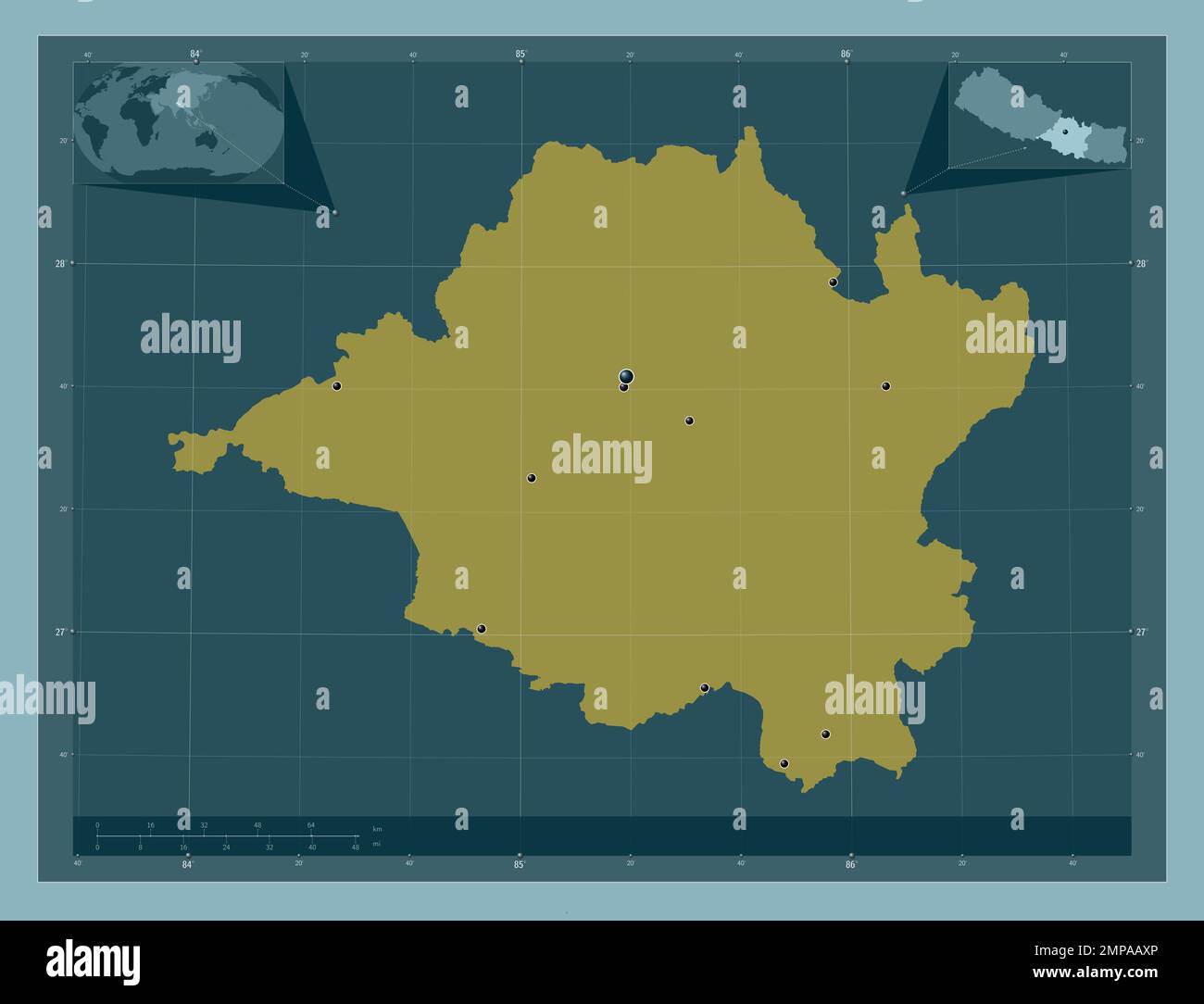 Central, development region of Nepal. Solid color shape. Locations of major cities of the region. Corner auxiliary location maps Stock Photo