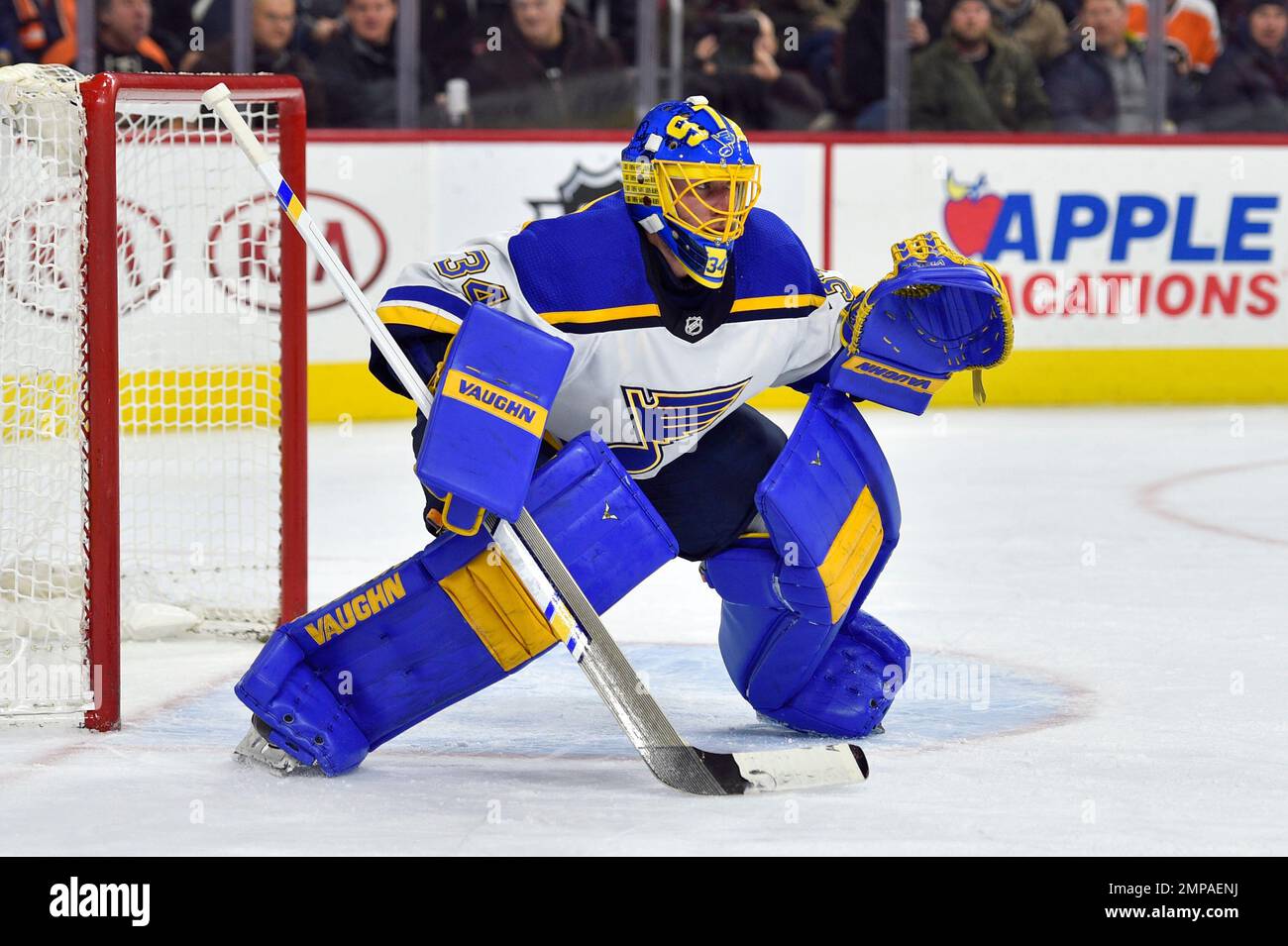 St. Louis Blues goalie Jake Allen looks to make a save during the ...