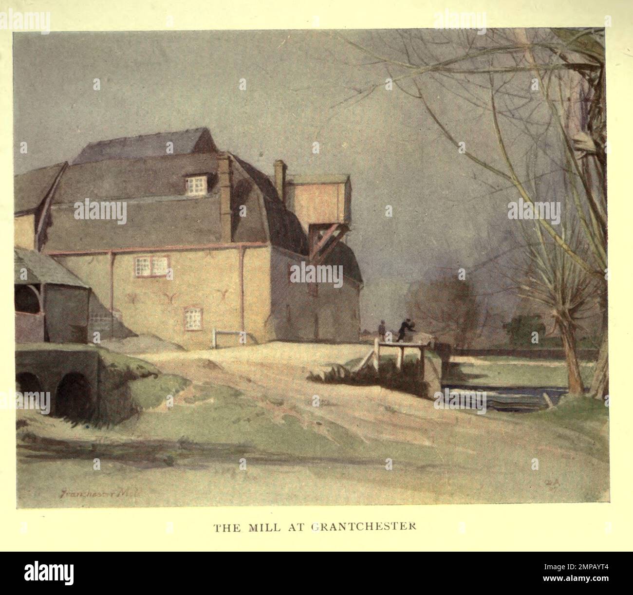 The Mill at Grantchester Illustrated by Maxwell Armfield from the book ' Cambridge and its story ' by Arthur Gray 1852-1940 Publication London : Methuen 1912 Stock Photo