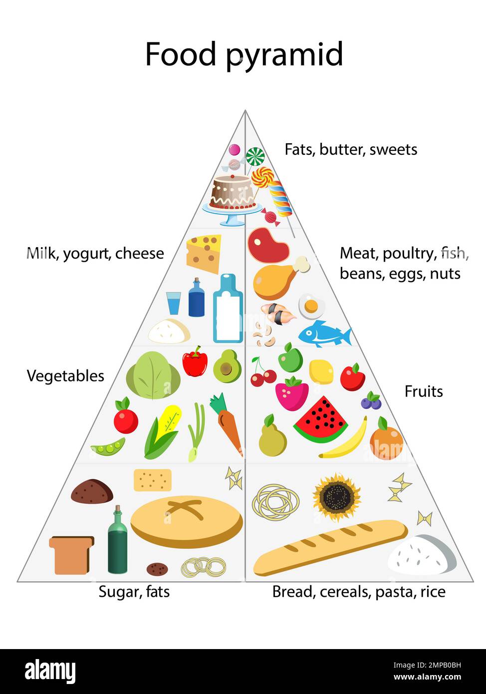 Illustration of food pyramid on white background. Nutritionist's