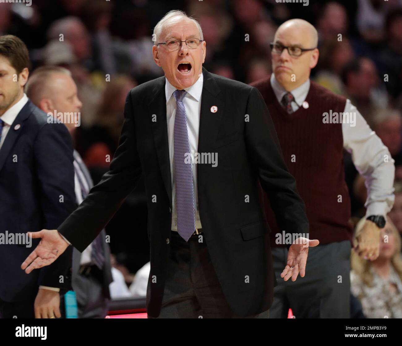 Syracuse head coach Jim Boeheim argues a call during the second half of