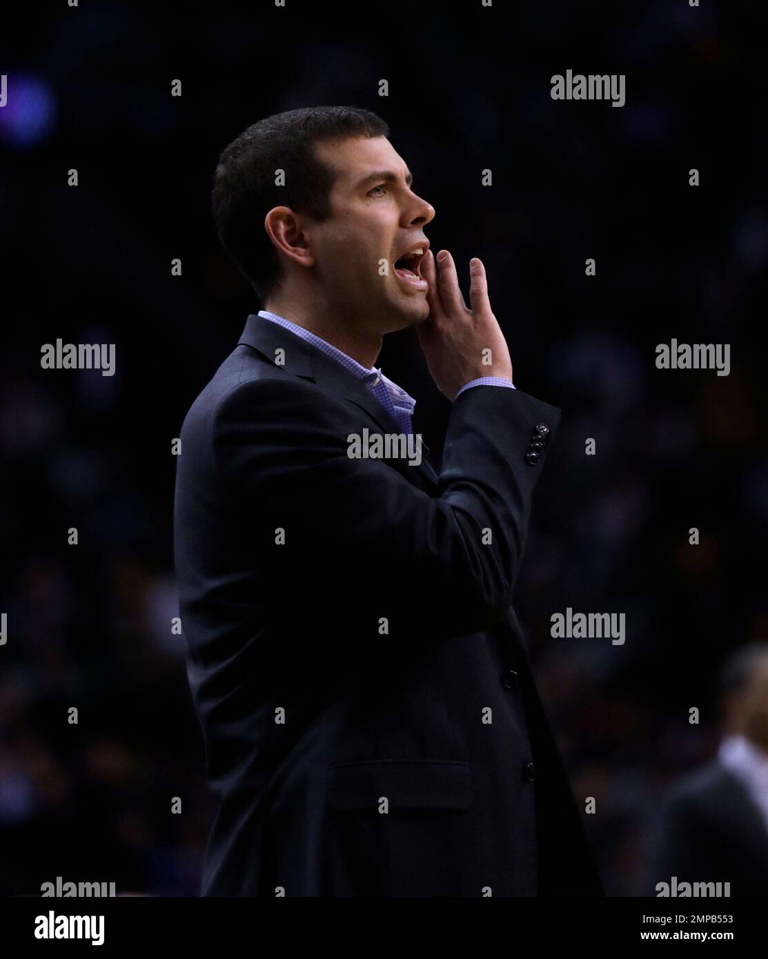 Boston Celtics head coach Brad Stevens calls to his players during the