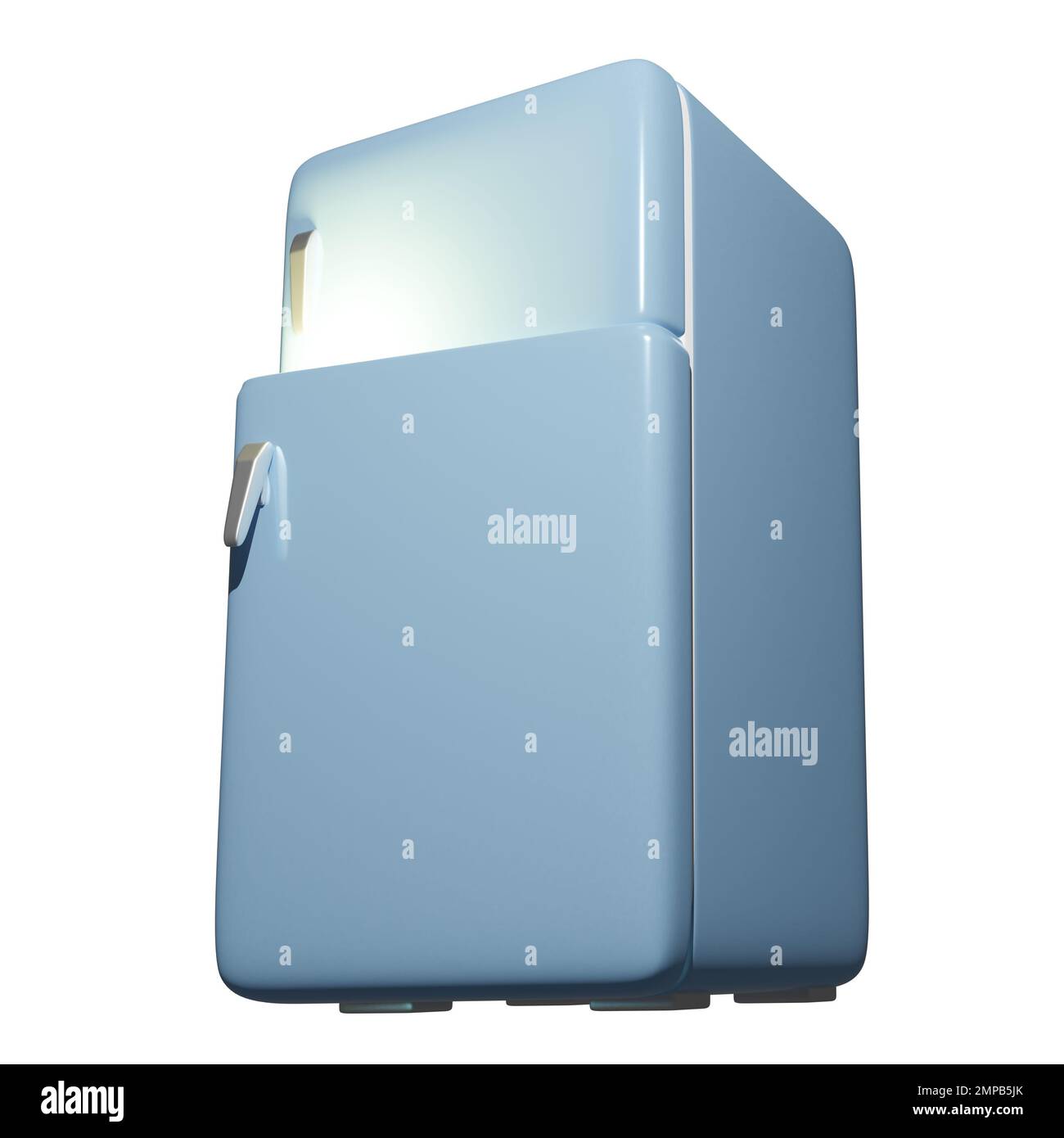 3D rendering of vintage blue fridge freezer with door ajar and burning