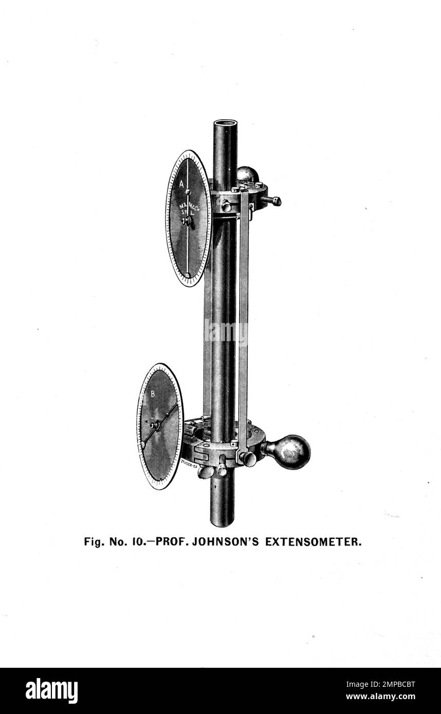 PROF. JOHNSON'S EXTENSOMETER Illustrated catalogue of engineering, surveying and scientific instruments manufactured by Mahn & Co. Publisher St. Louis, Mo. Woodward & Tiernan Printing Co. 1893 Stock Photo