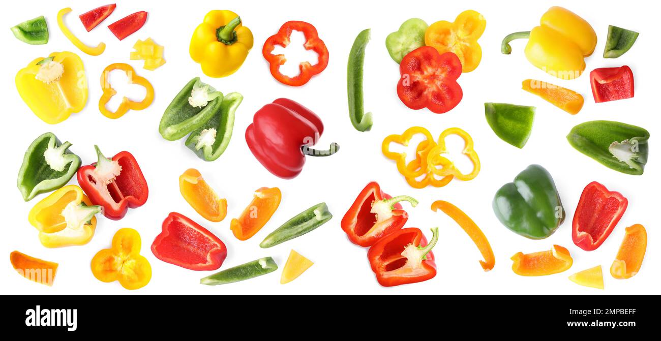 Set of different ripe bell peppers on white background Stock Photo - Alamy