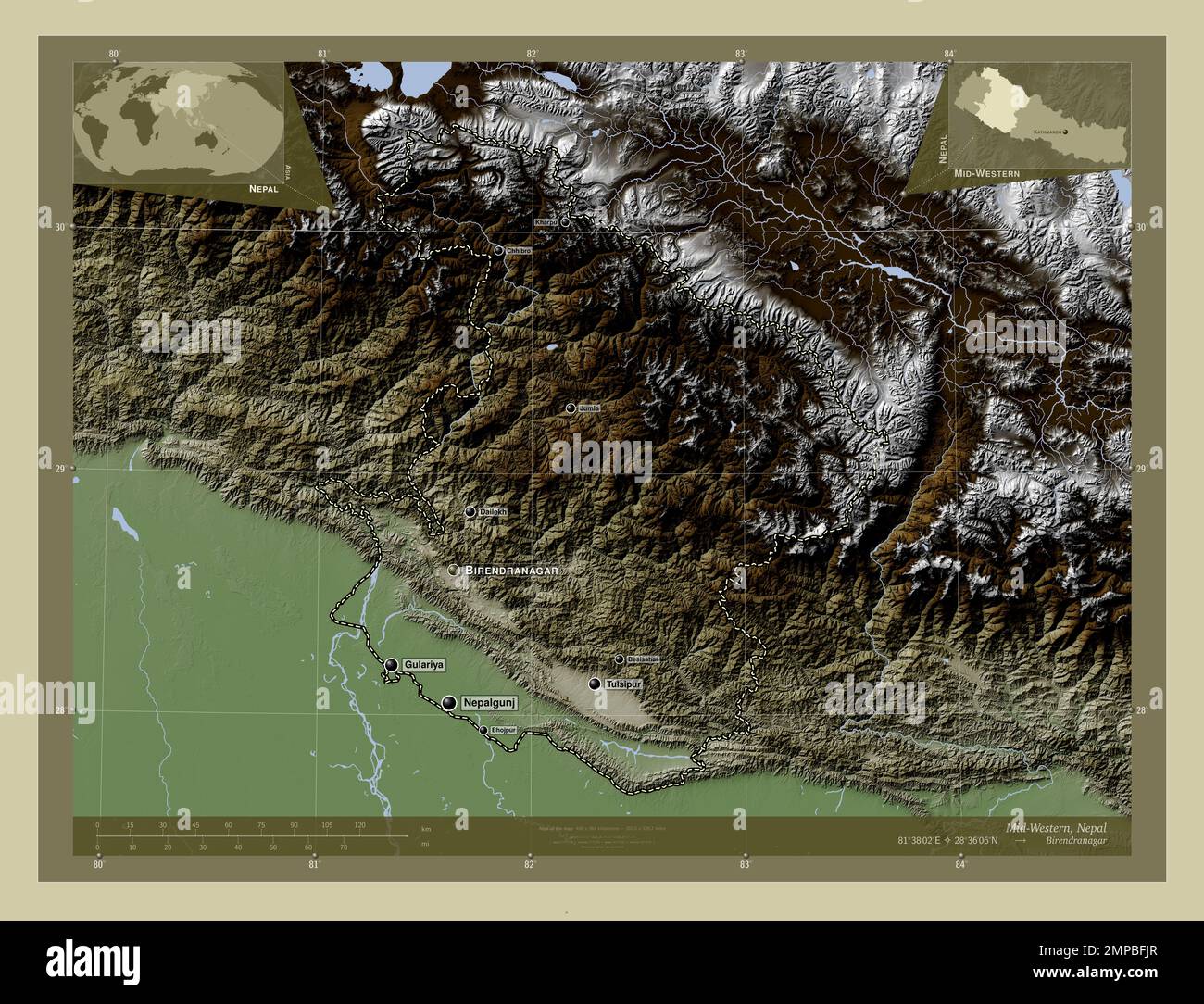 Mid-Western, development region of Nepal. Elevation map colored in wiki  style with lakes and rivers. Locations and names of major cities of the  region Stock Photo - Alamy