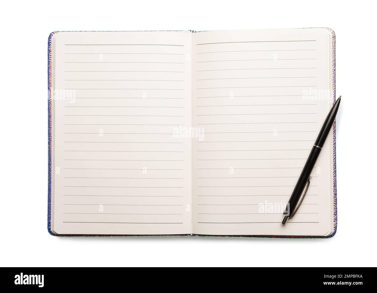 Open empty notebook and pen isolated on white, top view Stock Photo