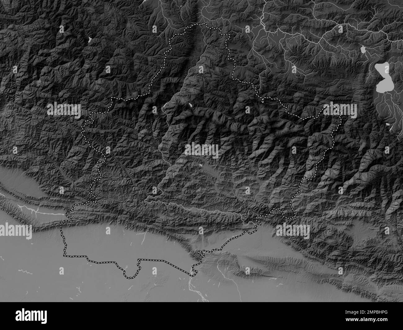 West, development region of Nepal. Grayscale elevation map with lakes and rivers Stock Photo