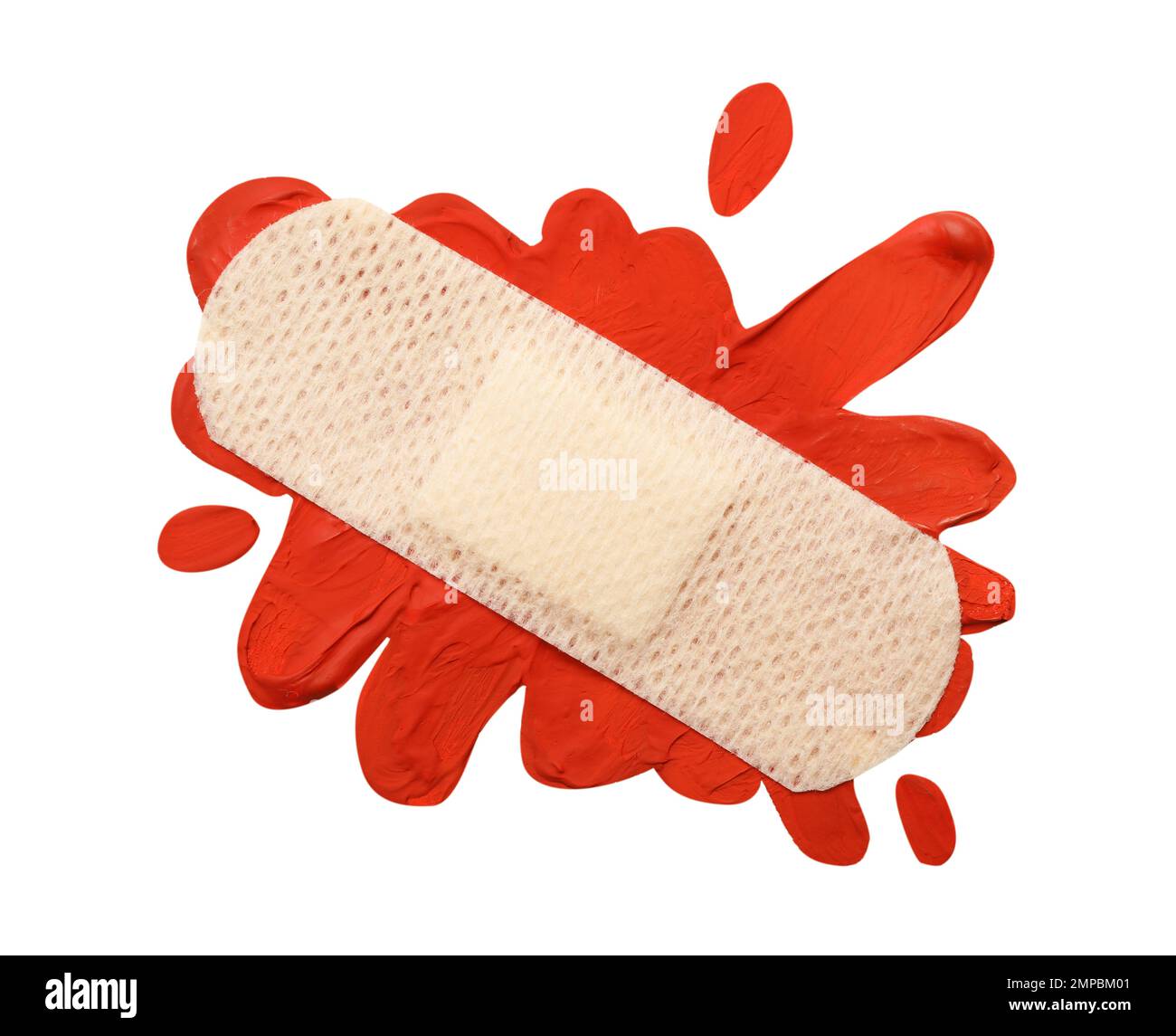 Clay blood stain and sticking plaster isolated on white, top view Stock