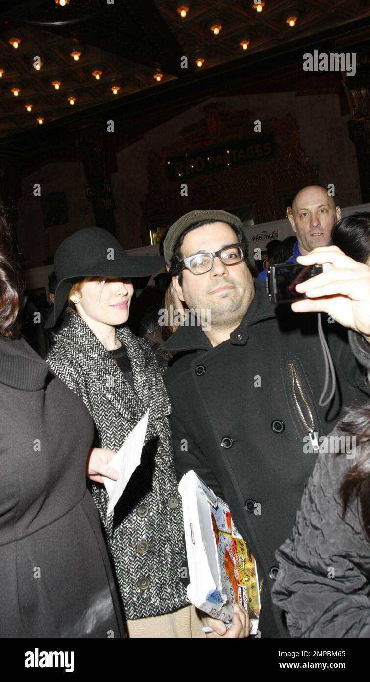 In a large trendy hat and oversized double-breasted tweed jacket Rachel  McAdams arrives at Pantages Theatre for the opening of the Tony Award  winning puppet musical Avenue Q. As she made her