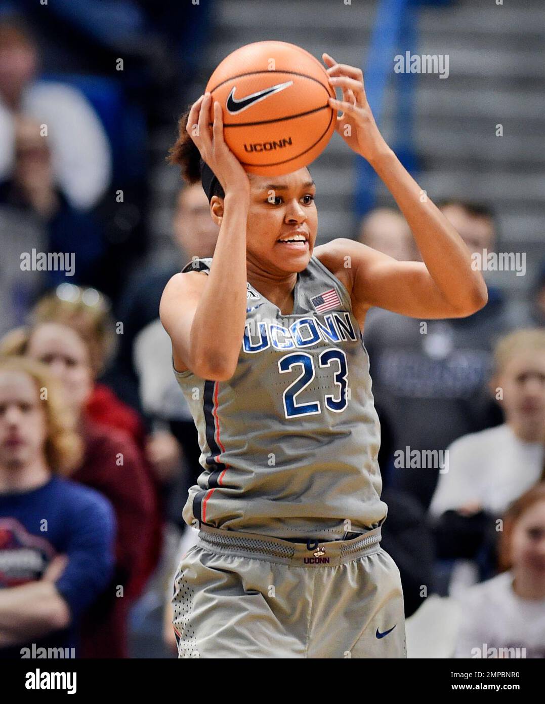 Connecticut's Azura Stevens (23) looks to pass during the first half of ...