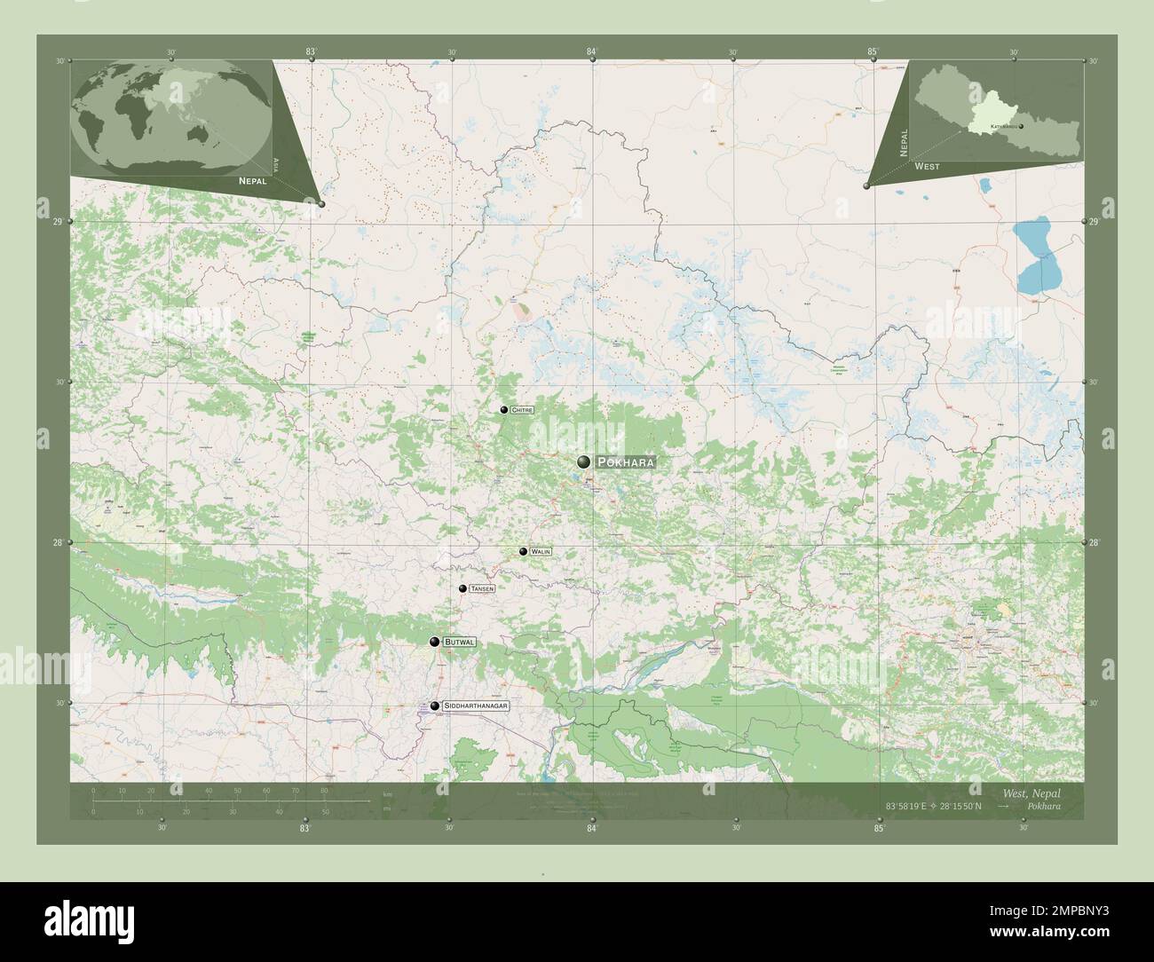 West, development region of Nepal. Open Street Map. Locations and names of major cities of the region. Corner auxiliary location maps Stock Photo