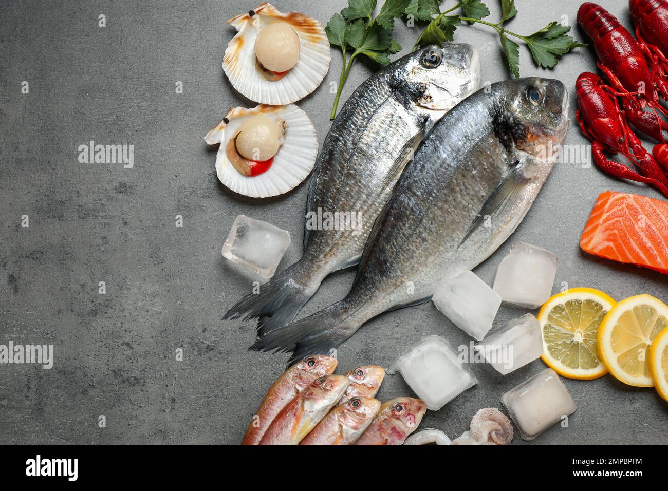 Fresh fish and seafood on grey table, flat lay Stock Photo - Alamy