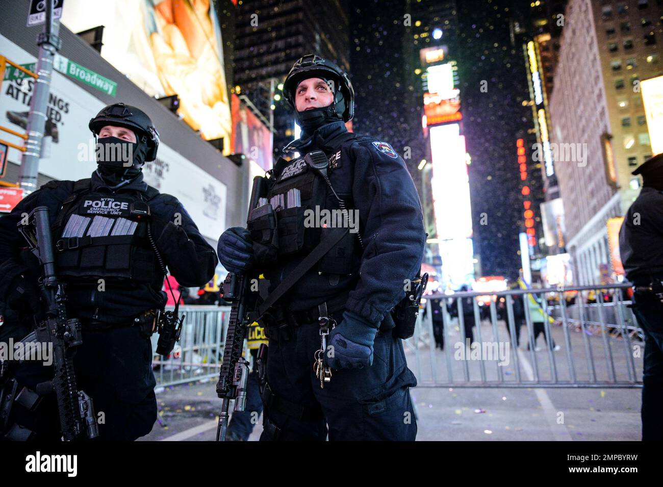 New York City Police Emergency Service Unit officers stand on guard in ...