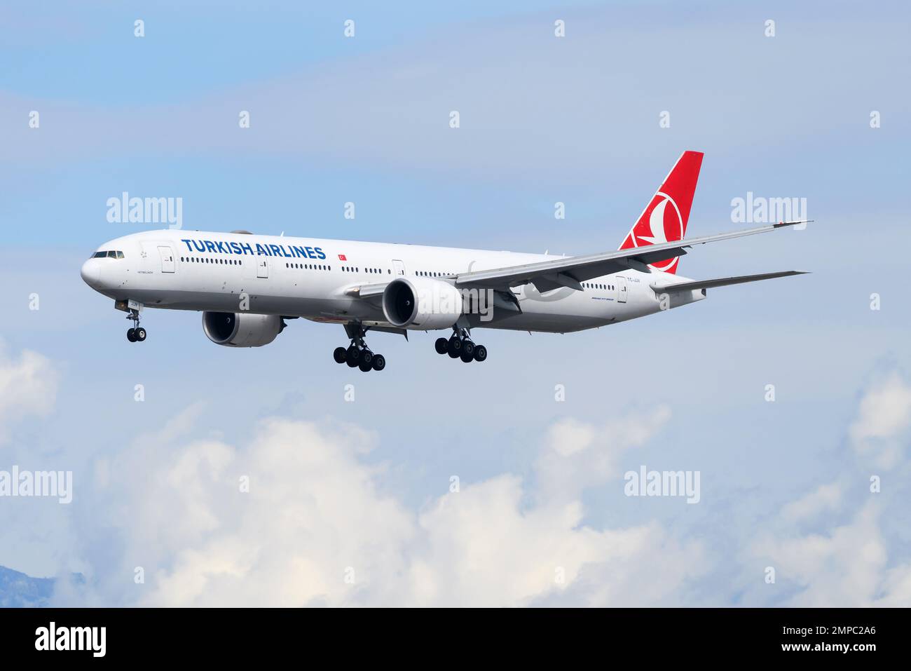 Turkish Airlines Boeing 777 aircraft. Airplane Boeing 777-300ER of Turkish Airlines before landing. Plane TC-JJV. Stock Photo