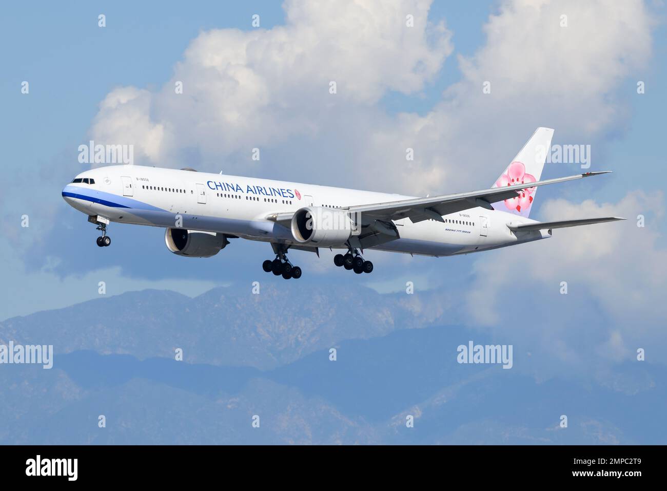 Chila Airlines Boeing 777-300ER aircraft flying. Boeing 777 airplane of China Airlines landing. Stock Photo