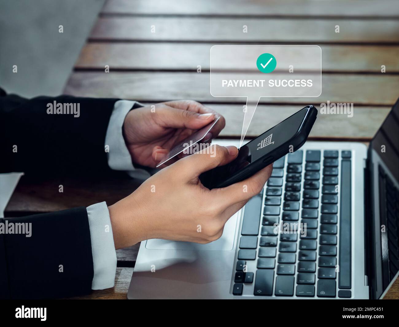 Payment success concept. Money transfer confirmed with payment success, words and cart icon