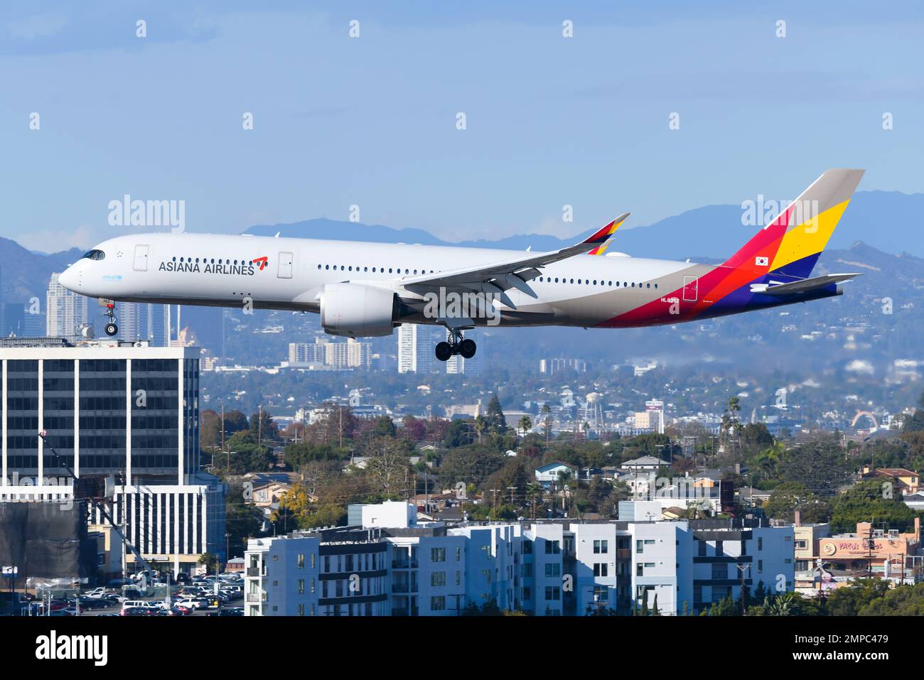 Asiana Airlines Airbus A350-900XWB aircraft flying. Plane A359 of Asiana Airlines landing. Stock Photo