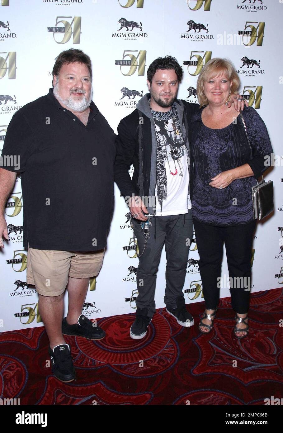 Jackass' star Bam Margera with patents Phil Margera and April Margera celebrate his birthday at Studio 54 inside the MGM Grand Resort & Casino. Las Vegas, NV. 1st October 2011. Stock Photo