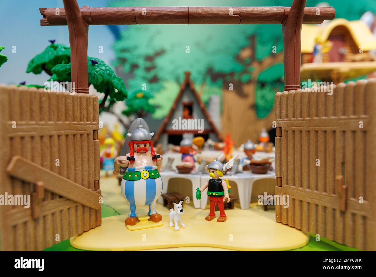 Nuremberg, Germany. 31st Jan, 2023. An Obelix and Asterix figure stand at  the Playmobil booth during the Spielwarenmesse novelty show. The 72nd  Spielwarenmesse runs from February 1 to 5, 2023. Credit: Daniel