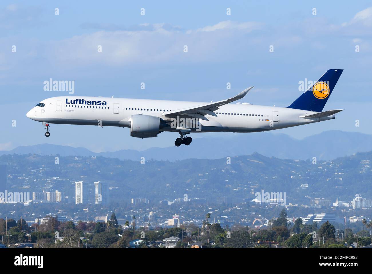 Lufthansa Airlines Airbus A350-900 aircraft landing. Airplane A350-900 of Deutsche Lufthansa flying. Stock Photo