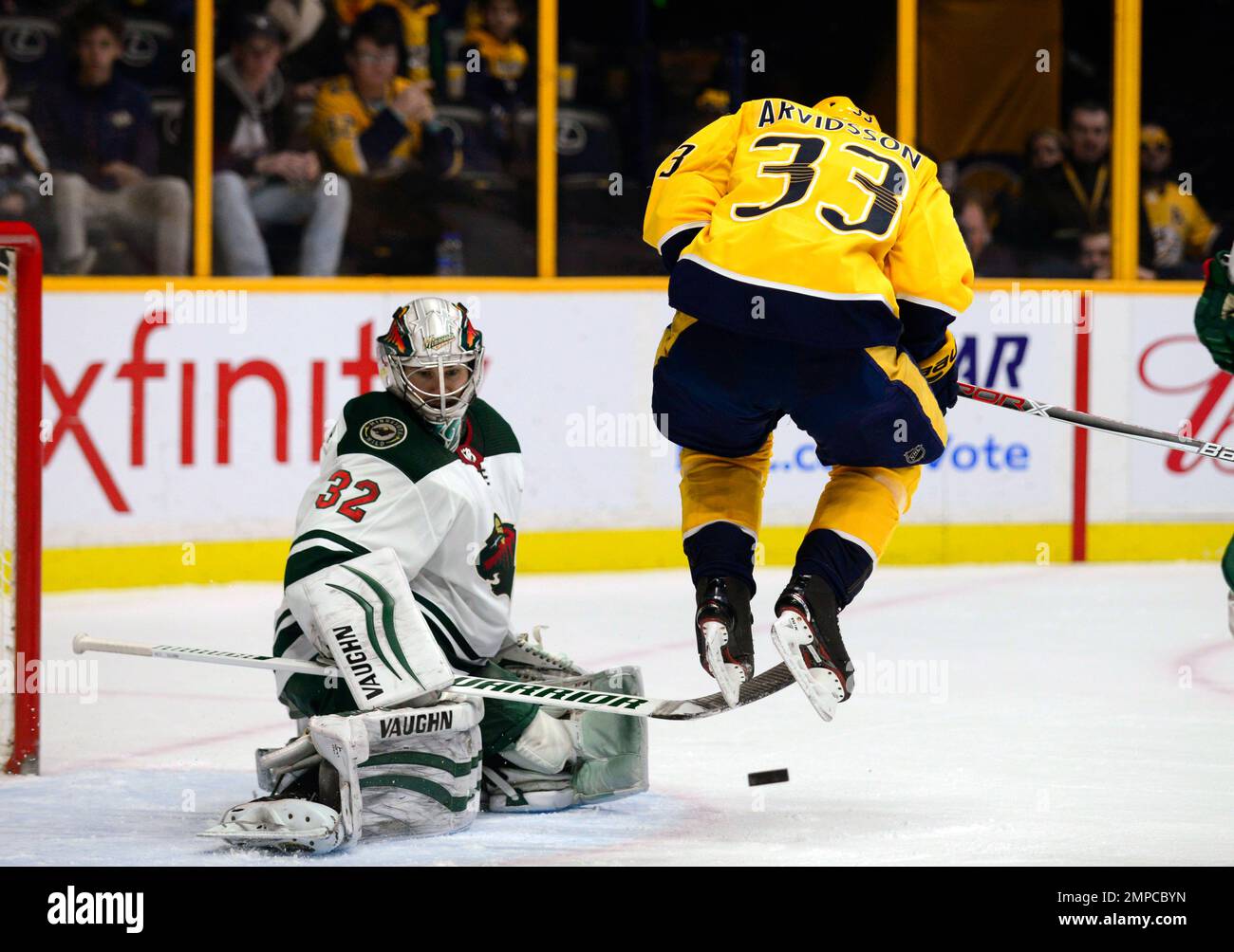 Mike Strasinger Nashville Predators forward Viktor Arvidsson (33) leaps to avoid a shot ...
