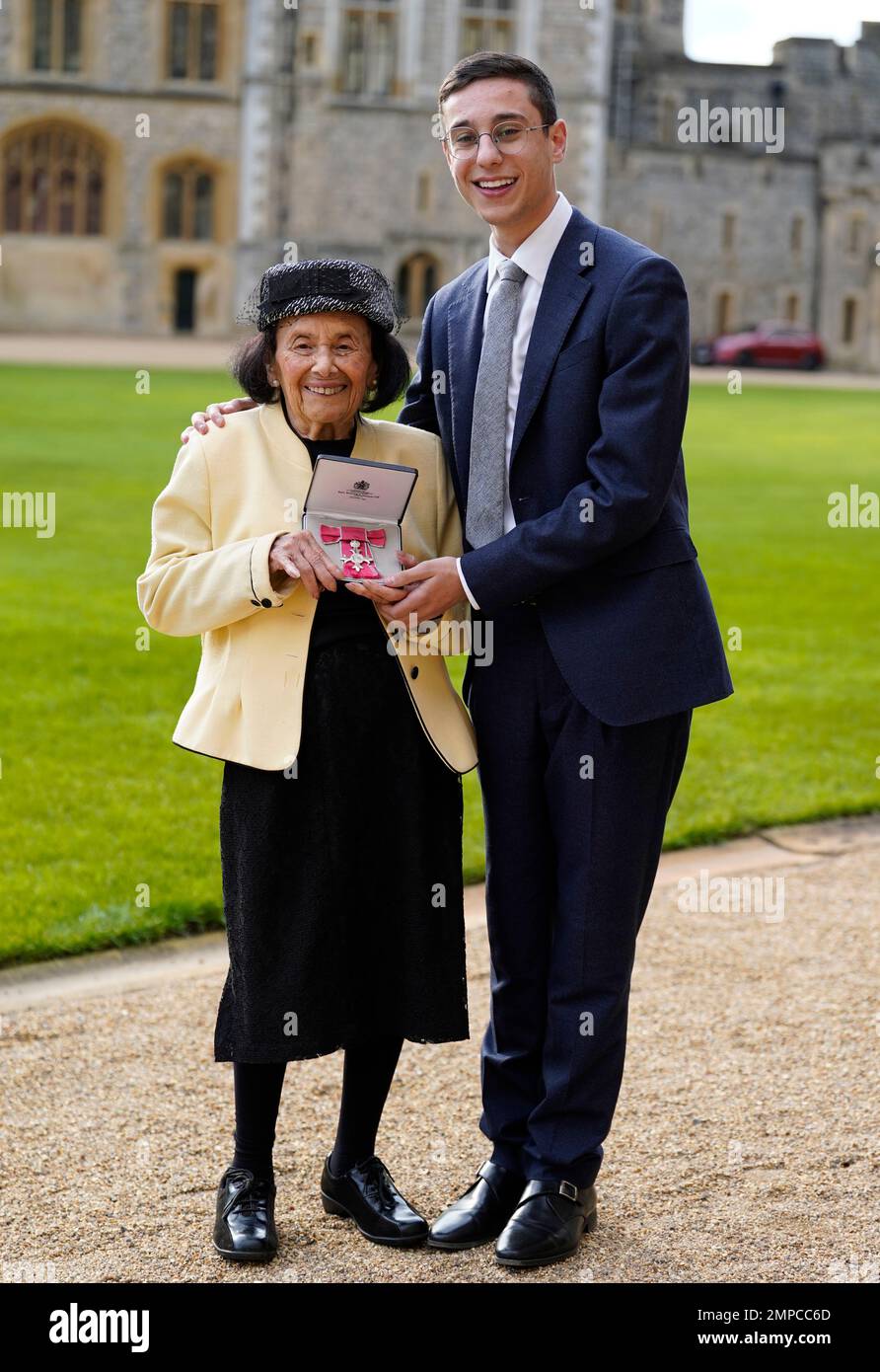 Holocaust survivor Lily Ebert (left) poses for a photograph with her  great-grandson Dov Forman after being made a MBE (Member of the Order of  the British Empire) by King Charles III during