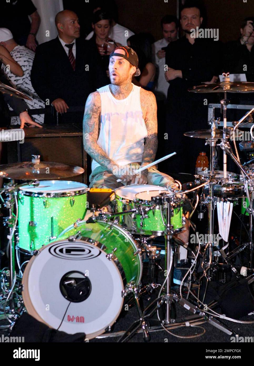 Travis Barker and DJ A-Trak kick off their first tour together with a special performance at PURE nightclub inside Caesar's Palace. DJ A-Trak took the place of DJ AM, who died from a reported accidental drug overdose last year. Barker has a DJ AM sticker on his drumset in memory of his good friend. Las Vegas, NV. 3/12/10.     . Stock Photo