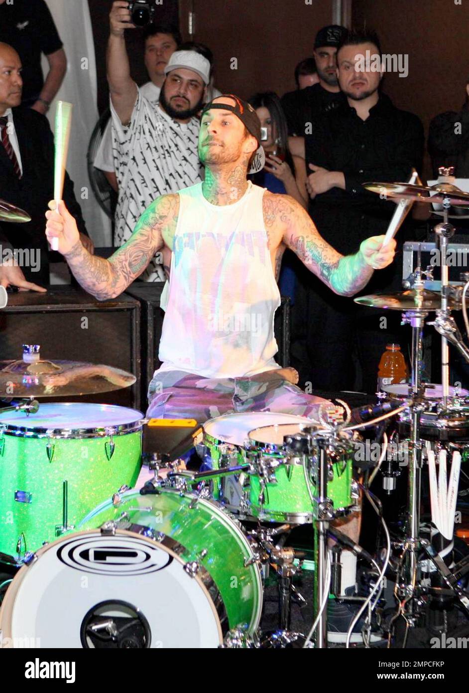 Travis Barker and DJ A-Trak kick off their first tour together with a special performance at PURE nightclub inside Caesar's Palace. DJ A-Trak took the place of DJ AM, who died from a reported accidental drug overdose last year. Barker has a DJ AM sticker on his drumset in memory of his good friend. Las Vegas, NV. 3/12/10.   . Stock Photo