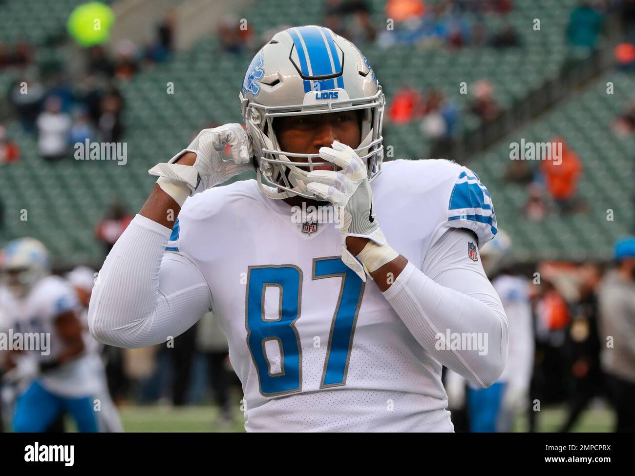 Detroit Lions tight end Darren Fells (87) celebrates a play against the New  England Patriots during an NFL preseason football game, Friday, Aug. 25,  2017, in Detroit. (AP Photo/Rick Osentoski Stock Photo - Alamy