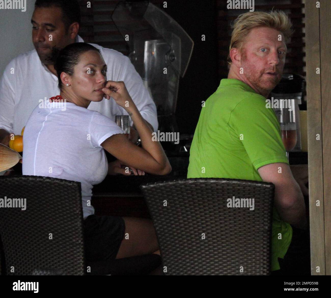 Former number one professional tennis player Boris Becker and his wife  Sharlely 'Lilly' Kerssenberg Becker enjoy a relaxing lunch at their luxury  hotel with friends and their baby son Amadeus Benedict Edley