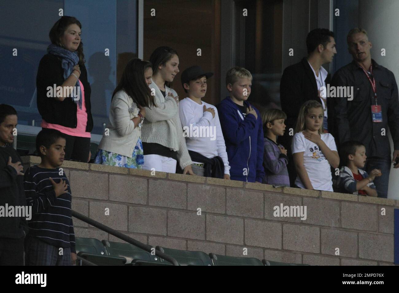 Brooklyn, Romeo and Cruz Beckham watch dad David as he leads the LA Galaxy to a 0-0 tie over the D.C. United. During the game D.C. United midfielder Fred sent Beckham flying with a hard tackle that drew a yellow card in the first half at Home Depot Center. Also  in the box with the boys was Wayne Sneijder and his wife, Dutch actress, Yolanthe Cabau van Kasbergen.  Beckham's pregnant wife Victoria did not appear to be at the game today.  Los Angeles, CA. 06/03/2011. Stock Photo