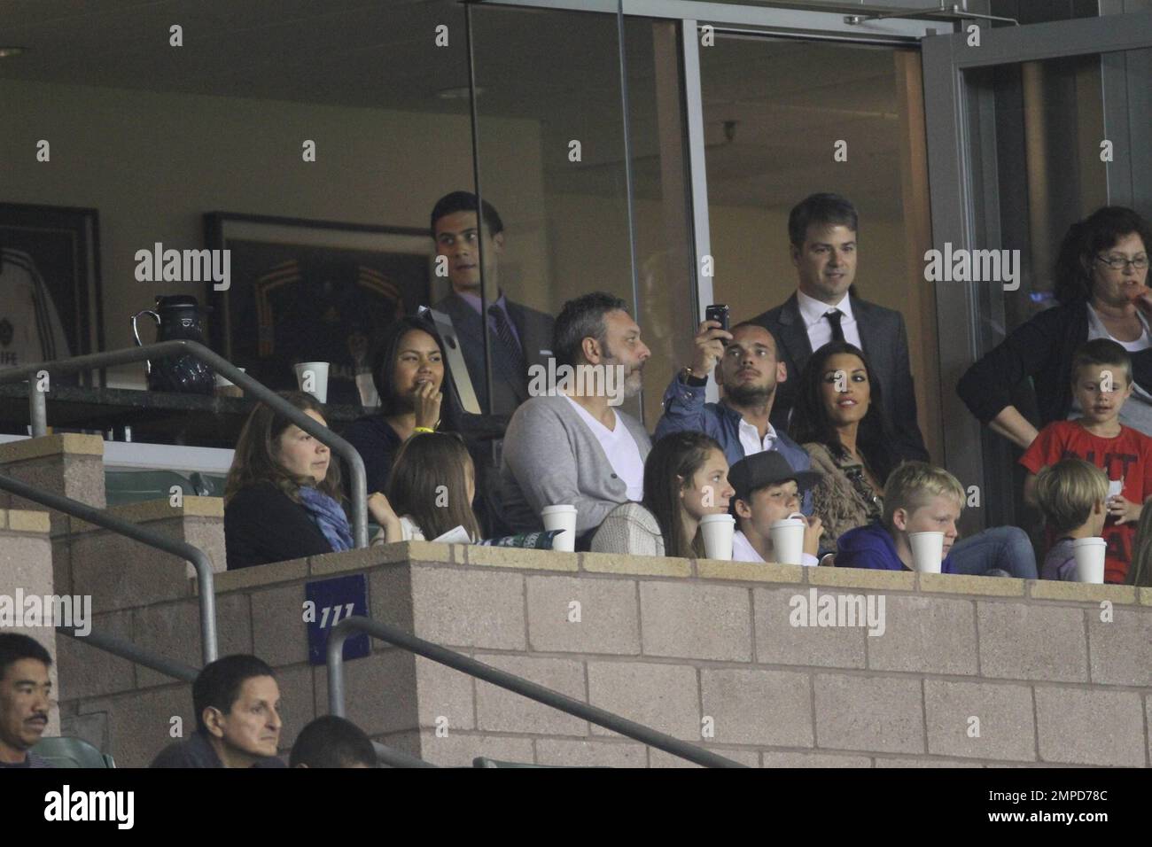 Brooklyn, Romeo and Cruz Beckham watch dad David as he leads the LA Galaxy to a 0-0 tie over the D.C. United. During the game D.C. United midfielder Fred sent Beckham flying with a hard tackle that drew a yellow card in the first half at Home Depot Center. Also  in the box with the boys was Wayne Sneijder and his wife, Dutch actress, Yolanthe Cabau van Kasbergen.  Beckham's pregnant wife Victoria did not appear to be at the game today.  Los Angeles, CA. 06/03/2011. Stock Photo