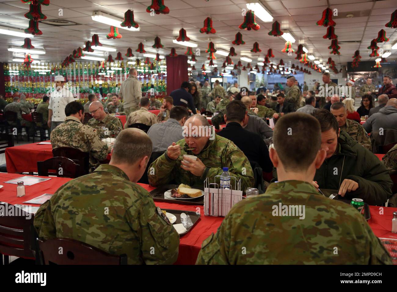 Members of the U.S. military eat Christmas dinner at the Resolute Support Headquarters in Kabul
