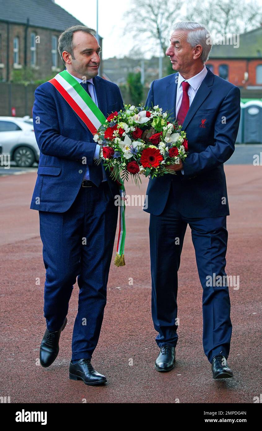 Mayor of Turin Stefano Lo Russo (left) and Liverpool FC and former Juventus player Ian Rush lay a wreath at the Heysel memorial plaque at Liverpool FC's Anfield stadium, in memory of the 39 football fans who lost their lives in the 1985 Heysel Stadium disaster. Picture date: Tuesday January 31, 2023. Stock Photo