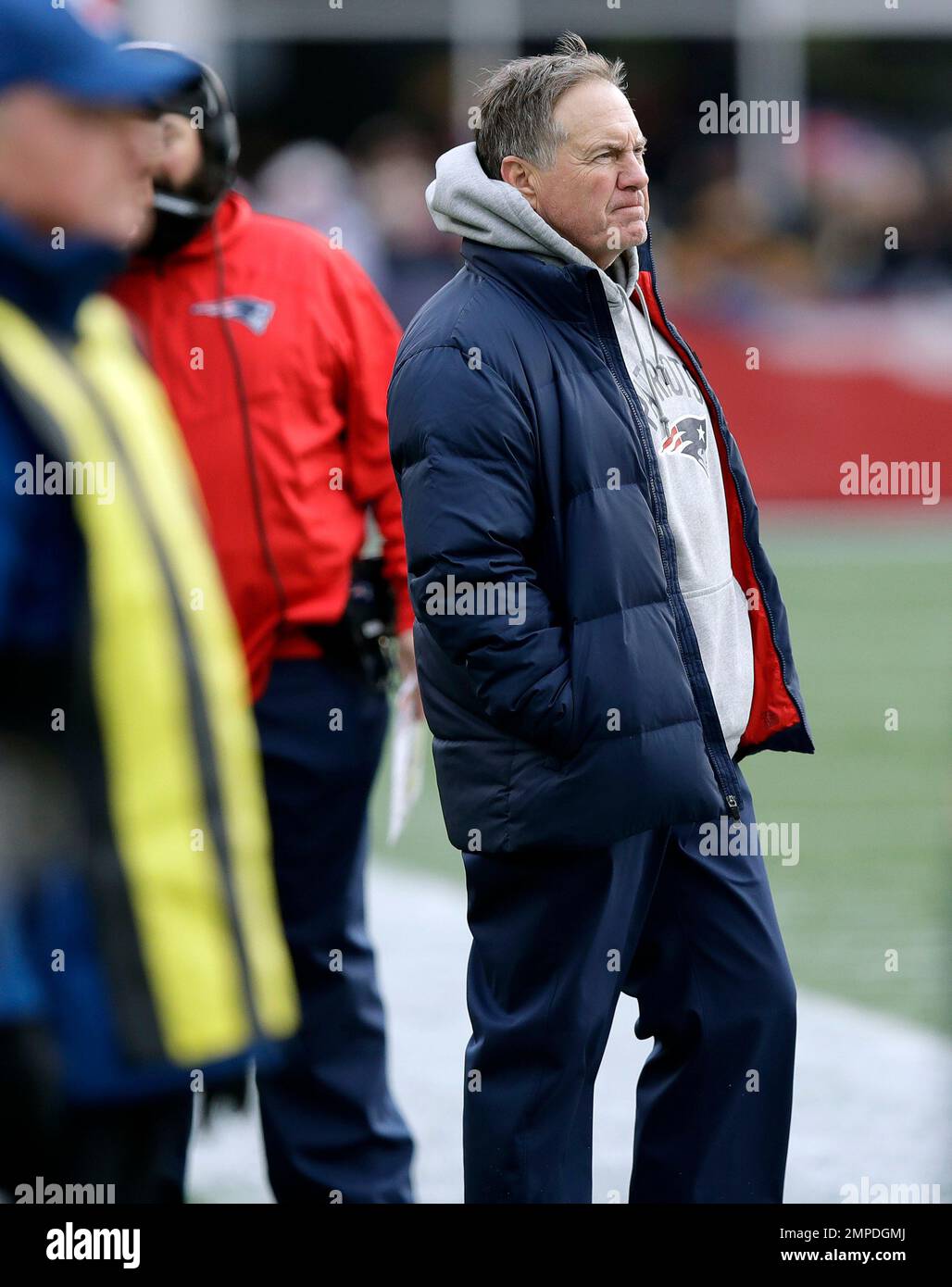 New England Patriots head coach Bill Belichick watches from the ...