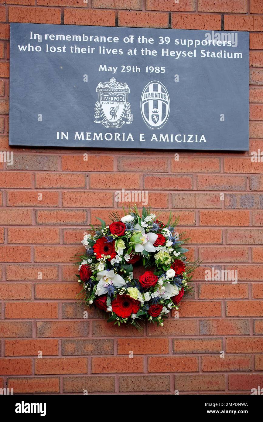 A wreath laid by Mayor of Turin Stefano Lo Russo, Liverpool FC and former Juventus player Ian Rush and Lord Mayor of Liverpool Cllr Roy Gladden at the Heysel memorial plaque at Liverpool FC's Anfield stadium, in memory of the 39 football fans who lost their lives in the 1985 Heysel Stadium disaster. Picture date: Tuesday January 31, 2023. Stock Photo