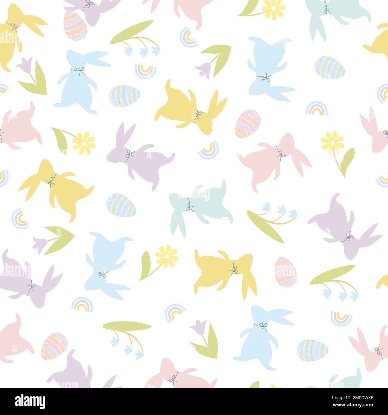 Easter seamless pattern in cartoon style. Colorful childish doodle with rabbits and eggs, flowers and rainbow. Creative baby texture for fabric, paper Stock Vector