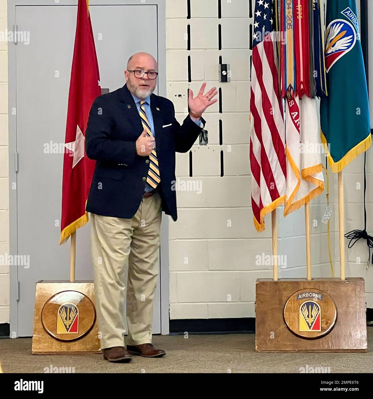 Timothy Tilley, director of protocol for JRTC and Fort Polk discusses the flag line during the Protocol Fundamentals class October 12 and 13 at the Joint Readiness Training Center and Fort Polk, Louisiana. Stock Photo