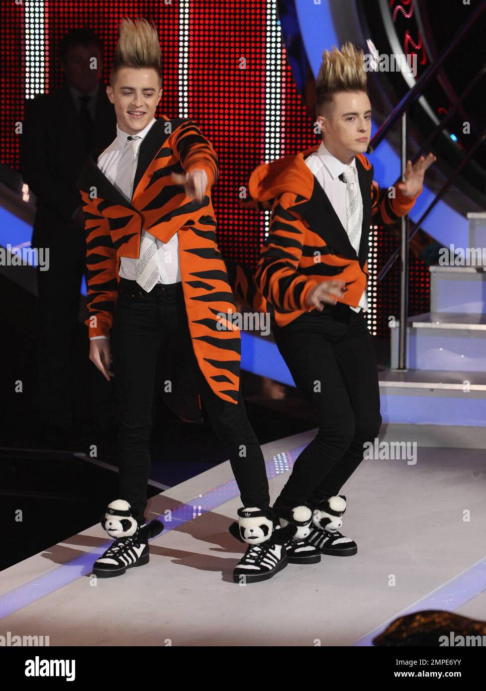John and Edward Grimes also know as Jedward arrive as a guest in the Big Brother House held at Elstree Studios. London, UK. 18th August 2011. Stock Photo