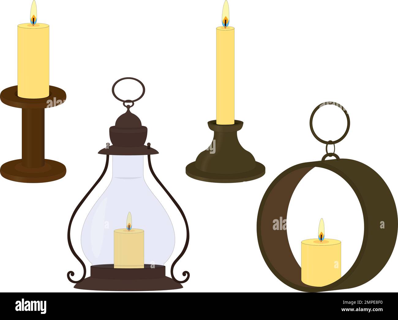 Wax candles on old vintage candlesticks and in lamps vector