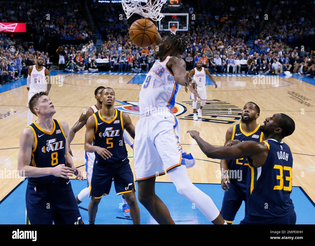 Oklahoma City Thunder forward Jerami Grant (9) dunks against the Utah