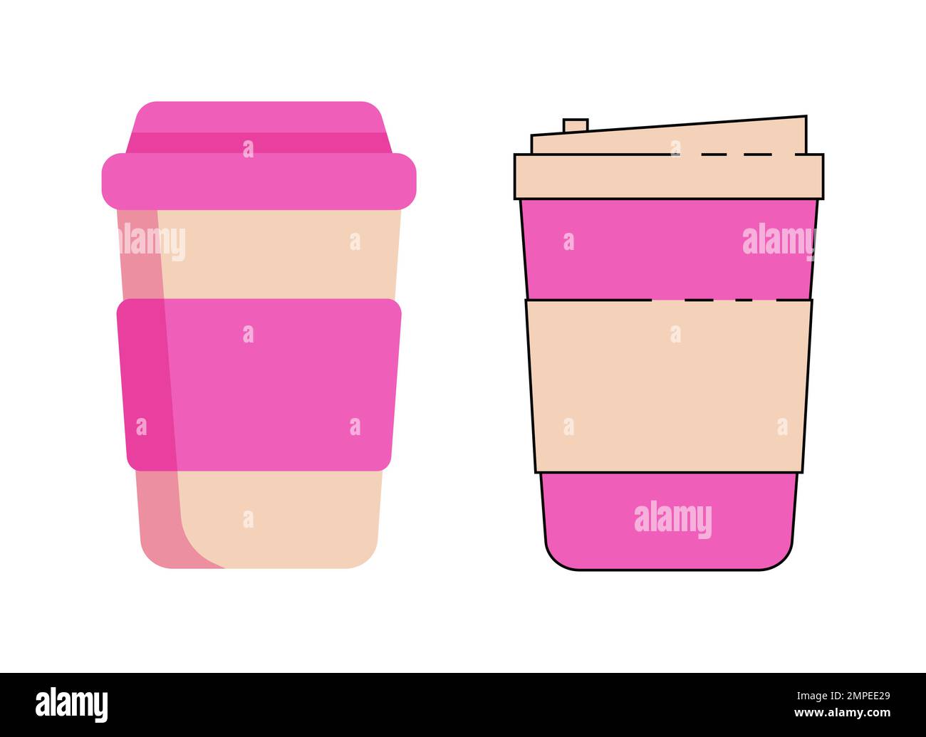 Pink paper cup. Cups for hot coffee and tea. Container drink for cafe