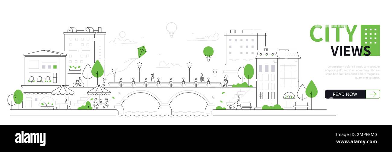 City views - thin line design style vector web banner Stock Vector ...