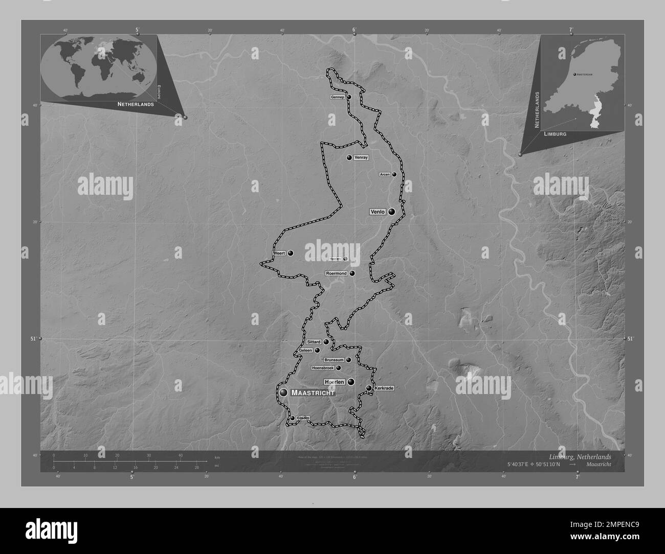 Limburg, province of Netherlands. Grayscale elevation map with lakes and rivers. Locations and names of major cities of the region. Corner auxiliary l Stock Photo